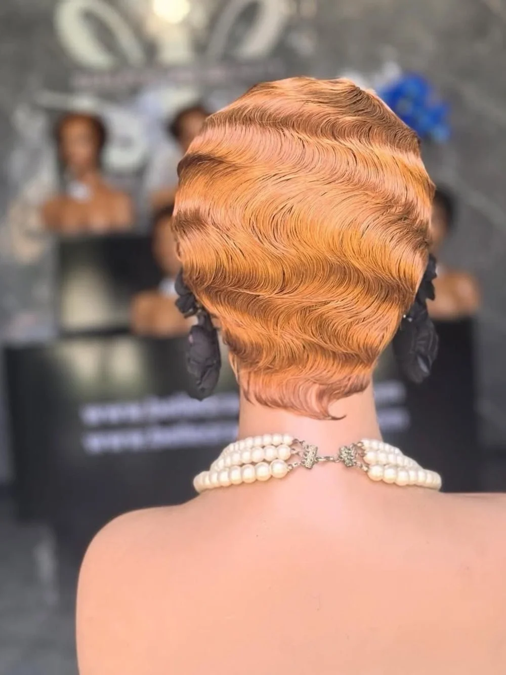 Copper Finger Wave Wig with Black Floral Accent